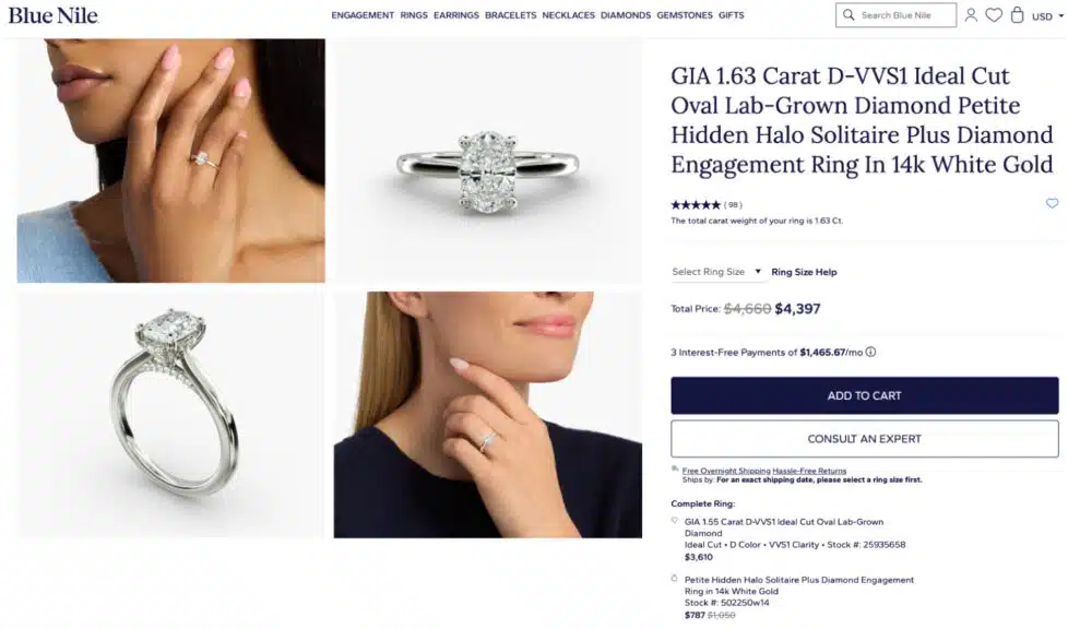 A complete view of the Blue Nile product page showing the final price for the combined oval lab-grown diamond and Petite Hidden Halo engagement ring setting.