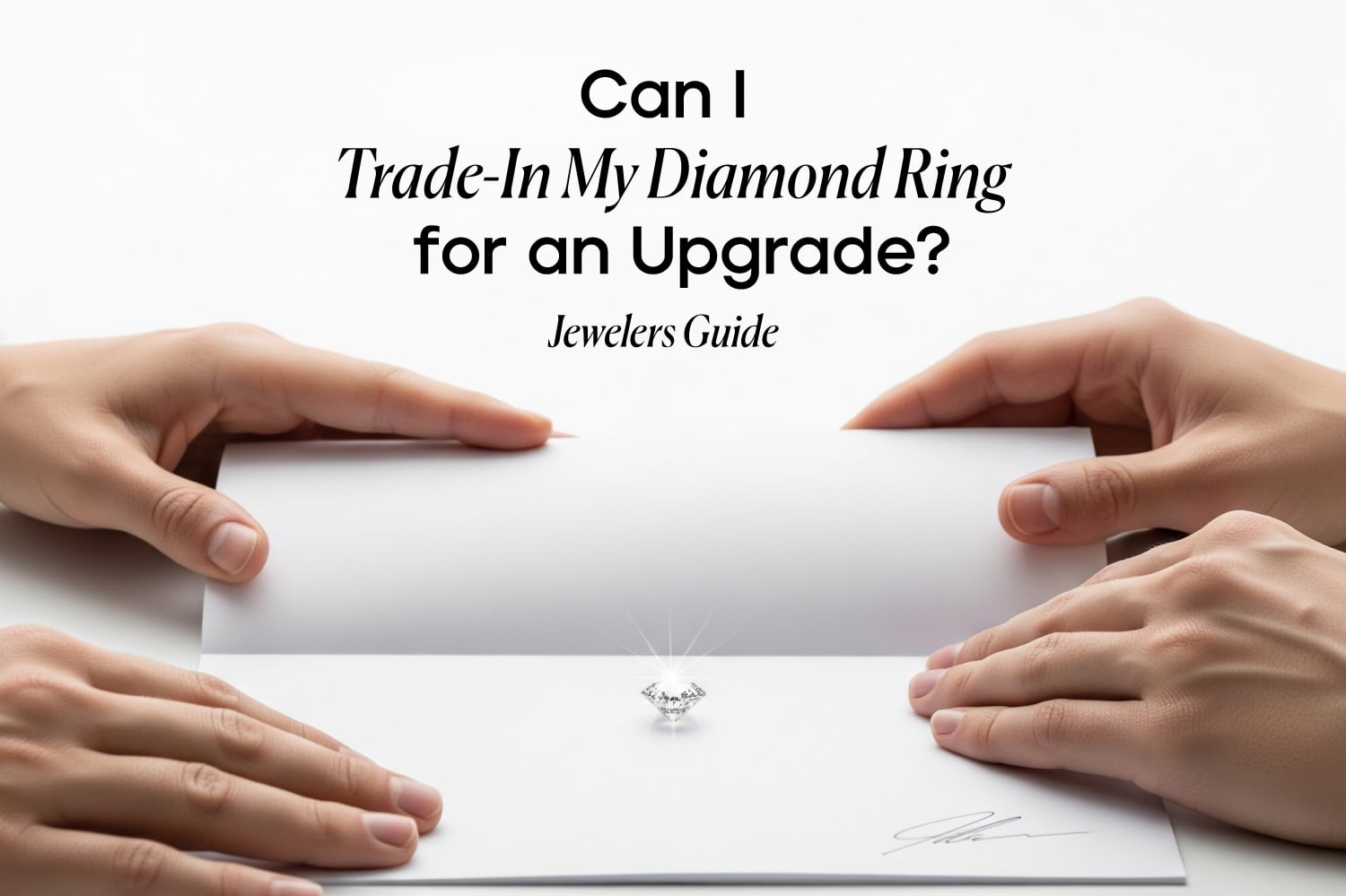 A close-up, top-down shot of a jewelry transaction. Four hands, two from a buyer and two from a seller, are shown on a clean white surface. The hands are on either side of a white piece of folded paper. A single, sparkling diamond is centered on the paper, and a faint signature is visible in the bottom right corner. The text "Can I Trade-In My Diamond Ring for an Upgrade?" and "Jewelers Guide" are overlaid on the image.