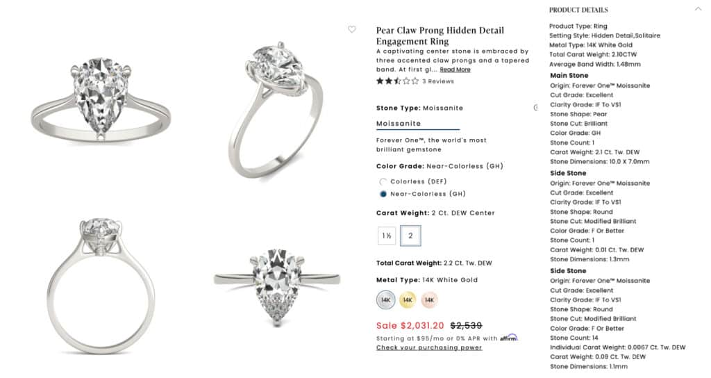 Four-view product photo of a Charles & Colvard Forever One Moissanite pear-shaped engagement ring with a hidden detail setting. The ring features a single pear-cut moissanite center stone in a 14k white gold prong setting with smaller accent stones on the band. The images show the ring from the top, a three-quarter angle, the side profile, and a frontal view.