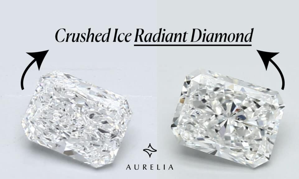 A side-by-side comparison of two radiant cut diamonds, showing the crushed ice effect on the left and a more traditional, defined faceting on the right.