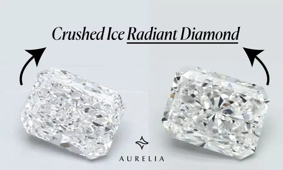 A side-by-side comparison of two radiant cut diamonds, showing the crushed ice effect on the left and a more traditional, defined faceting on the right.