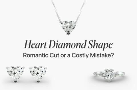 A collection of heart-shaped diamond jewelry on a clean white background. The image features a heart-shaped diamond pendant necklace, a pair of heart-shaped diamond stud earrings, and a three-stone ring with a heart-shaped diamond center. The text in the image reads, "Heart Diamond Shape: Romantic Cut or a Costly Mistake?"