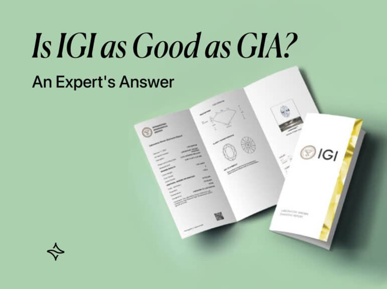 An open IGI diamond certificate next to a folded GIA booklet to illustrate a blog post titled "Is IGI as good as GIA?".