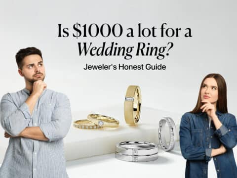Two people contemplating wedding rings with the headline "Is $1000 a lot for a Wedding Ring?"