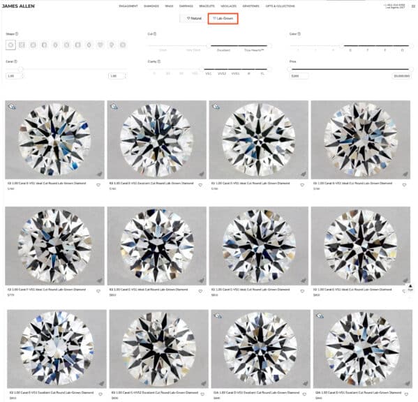 A screenshot from the James Allen website showing a list of 1-carat round lab-grown diamonds. The prices for these IGI-certified stones range from approximately $760 to $840, showcasing the affordability of lab-created diamonds compared to natural ones.
