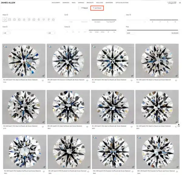 A screenshot from the James Allen website showing a list of 1-carat round lab-grown diamonds. The prices for these IGI-certified stones range from approximately $760 to $840, showcasing the affordability of lab-created diamonds compared to natural ones.