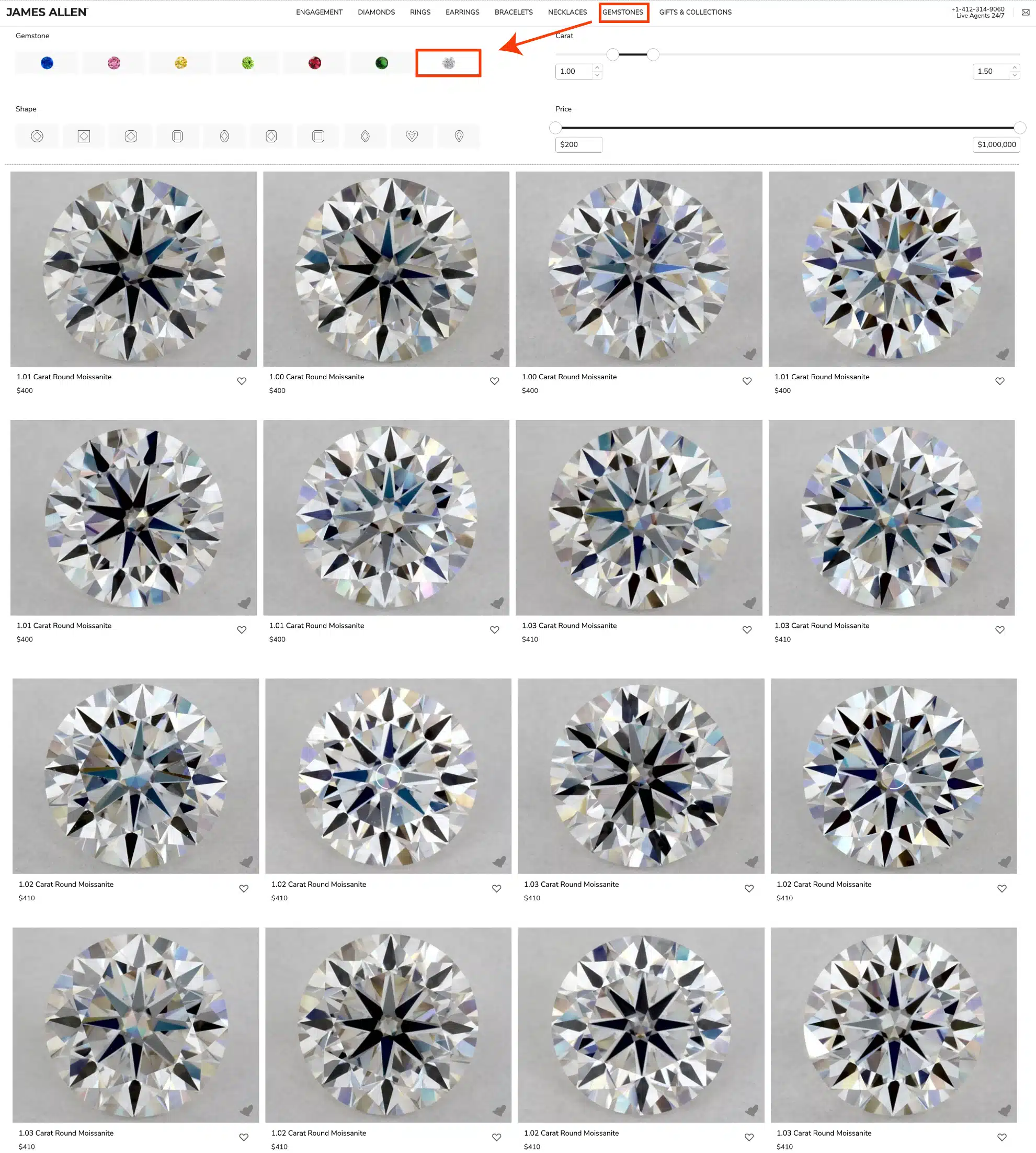 A screenshot from the James Allen website showing a selection of 1-carat round moissanite gemstones. The prices for these stones are shown to be around $400, highlighting their extreme affordability compared to both natural and lab-grown diamonds.