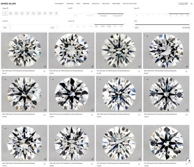 A screenshot from the James Allen website showing a list of twelve 1-carat round cut diamonds. The images show a range of different clarity and color grades (G-VS1, G-VVS2, F-VS1, etc.) with their respective prices, highlighting how these grades affect the final cost.