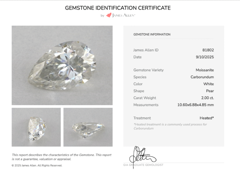 A close-up of a James Allen Gemstone Identification Certificate for a 2.00 carat pear-shaped moissanite. The certificate shows details like the gemstone variety, shape, carat weight, and measurements, along with a signature from a GIA Graduate Gemologist.