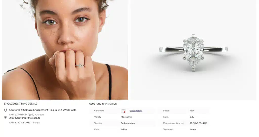 Two-panel product photo showing a James Allen 2 carat pear moissanite engagement ring. The left panel shows a woman wearing the ring on her finger. The right panel shows a close-up, studio shot of the pear-shaped moissanite in a classic 14k white gold solitaire setting.