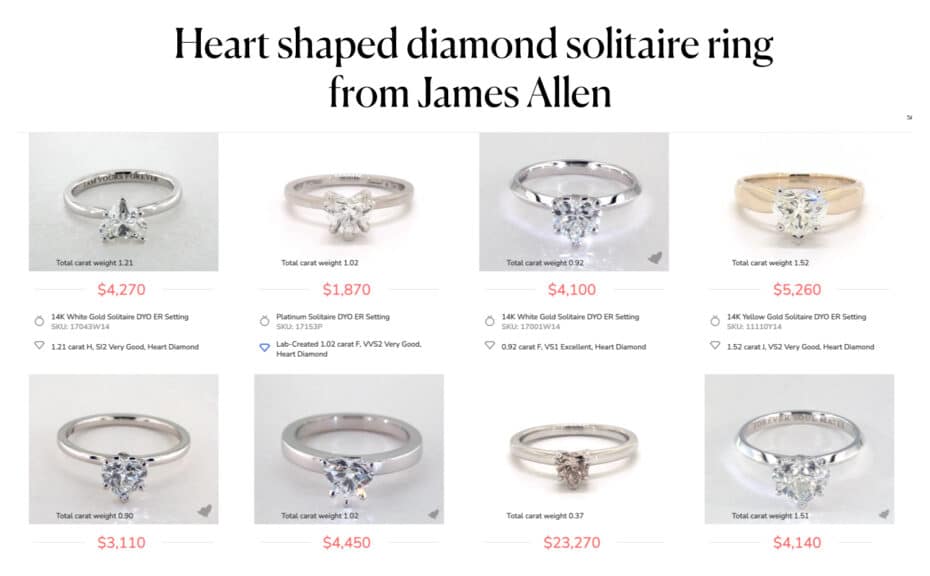 A grid of eight different heart-shaped diamond solitaire rings available on the James Allen website. Each ring is displayed with its specific details, including carat weight, price, metal type, and diamond quality. The rings feature various settings, such as solitaire and pavé, and are shown in both white gold and yellow gold.