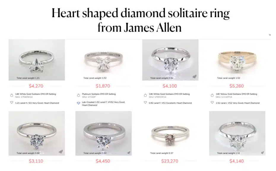 A grid of eight different heart-shaped diamond solitaire rings available on the James Allen website. Each ring is displayed with its specific details, including carat weight, price, metal type, and diamond quality. The rings feature various settings, such as solitaire and pavé, and are shown in both white gold and yellow gold.