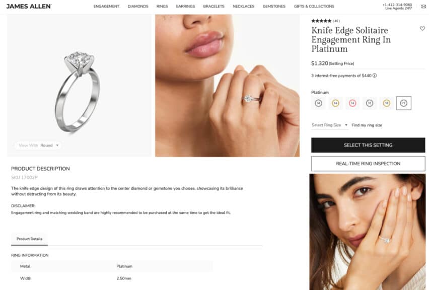 The final summary screenshot of the James Allen ring builder, showing a 2.00 Carat H-VS1 princess diamond ($13,550)and a platinum setting ($1,320) combined for a final price of $14,870.