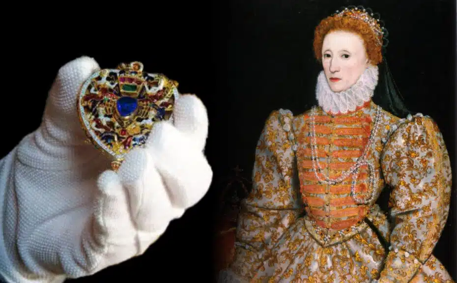 A dual image showing a jeweled heart pendant being held in one hand, and a portrait of Queen Elizabeth I. The heart pendant is believed to be a symbolic gift from Mary, Queen of Scots, representing her heart being given to Queen Elizabeth I.