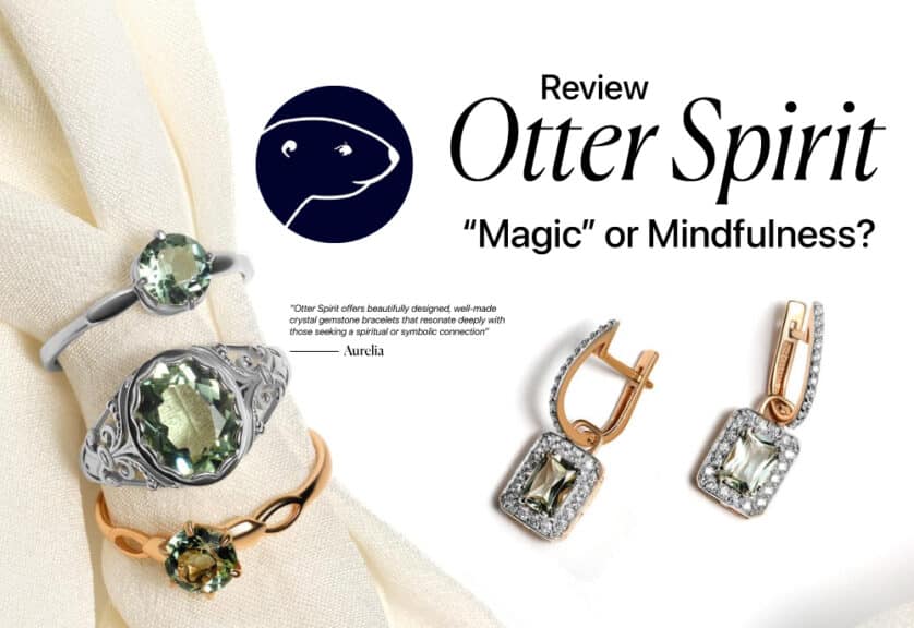 A graphic title card for an article. The text "Otter Spirit Review" is at the top left, with a dark circular logo featuring the profile of an otter's head to the right. Below, the text "Magic or Mindfulness?" is in a muted pink font. The bottom left has "?/5", and the bottom right has "The Jeweler's Honest Verdict."