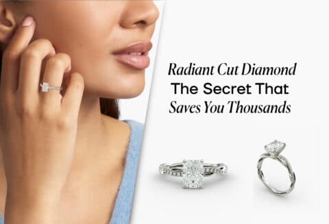 A hero image for a blog post titled "Radiant Cut Diamond: The Secret That Saves You Thousands." The image features a woman wearing a radiant cut diamond engagement ring and a separate close-up of two radiant cut rings with intricate band designs.