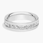 A close-up of a wide 14K white gold channel band with 1.00 ct. tw. lab grown diamonds, a top example of men's lab grown diamond rings for sale.