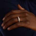 A close-up of a wide 14K white gold channel band with 1.00 ct. tw. lab grown diamonds, a top example of men's lab grown diamond rings for sale.