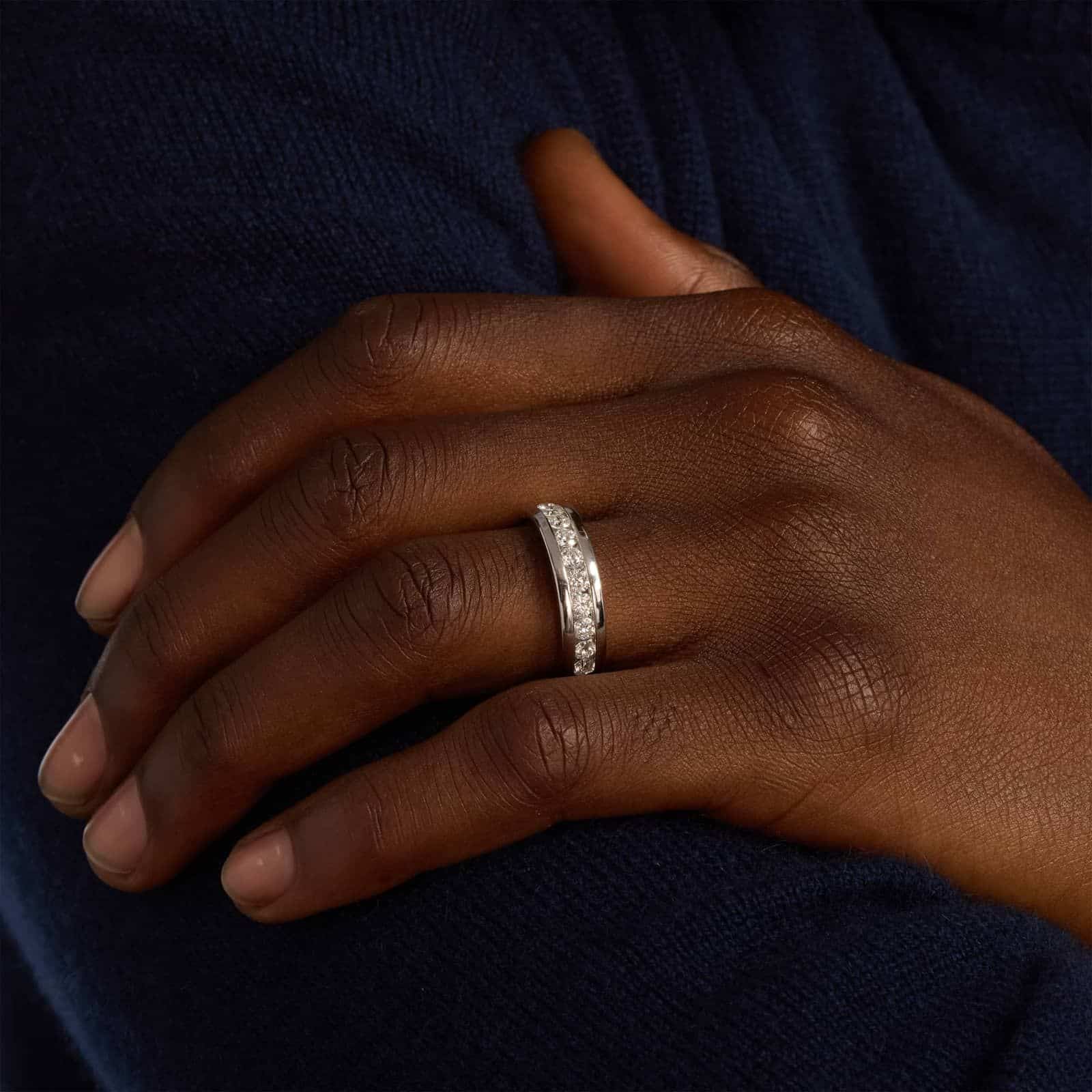 A close-up of a wide 14K white gold channel band with 1.00 ct. tw. lab grown diamonds, a top example of men's lab grown diamond rings for sale.