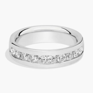 A close-up of a wide 14K white gold channel band with 1.00 ct. tw. lab grown diamonds, a top example of men's lab grown diamond rings for sale.