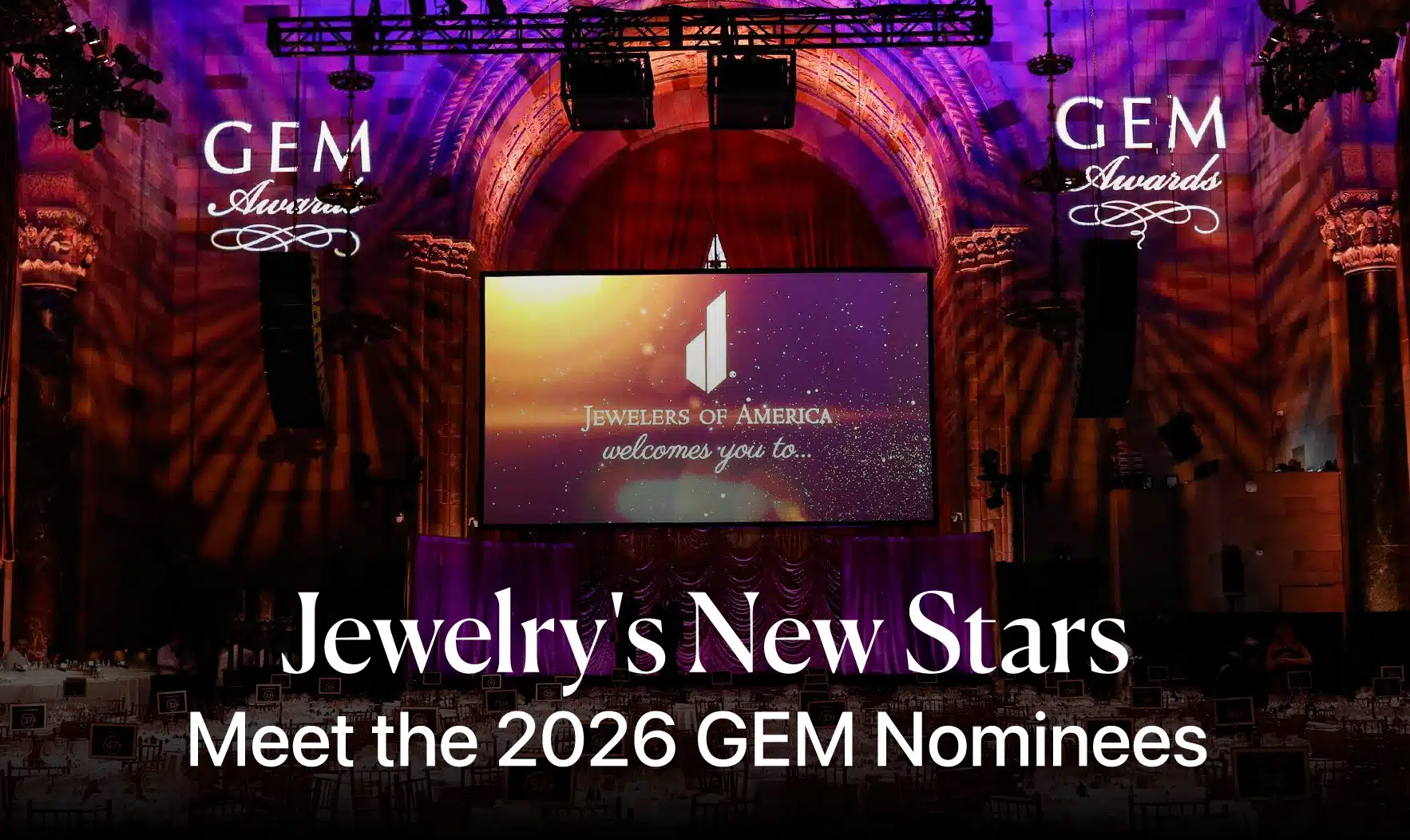 Main stage and seating area for the Jewelers of America GEM Awards, highlighting the 2026 event and its theme, 'Jewelry's New Stars.'
