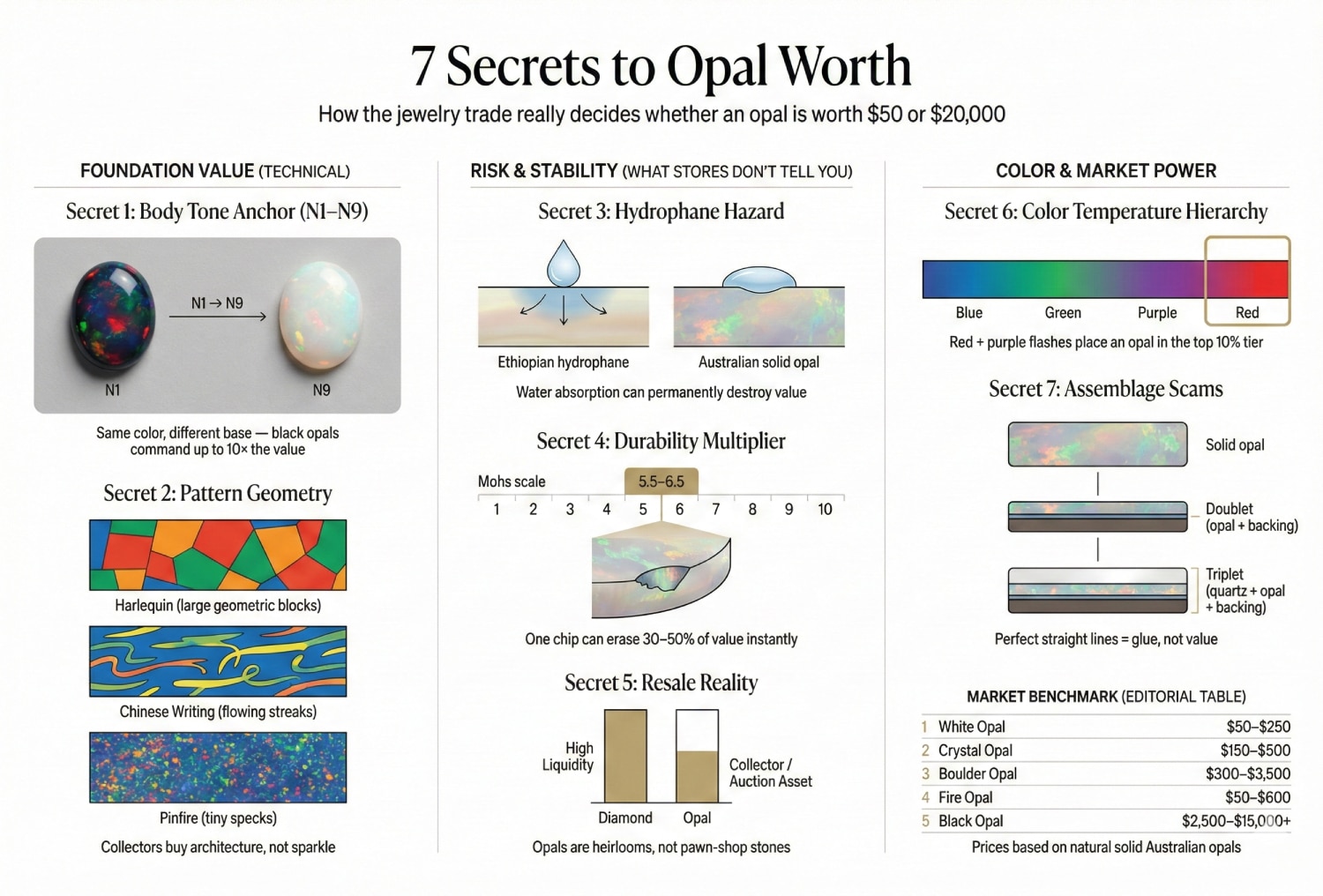 An infographic titled "7 Secrets to Opal Worth". It details valuation factors: Secret 1 Body Tone (N1 vs N9), Secret 2 Pattern Geometry (Harlequin vs Pinfire), Secret 3 Hydrophane Hazard (Water absorption), Secret 4 Durability (Mohs 5.5-6.5), and Secret 6 Color Hierarchy (Red is top tier). It includes a Market Benchmark table ranging from White Opal ($50) to Black Opal ($15,000+).