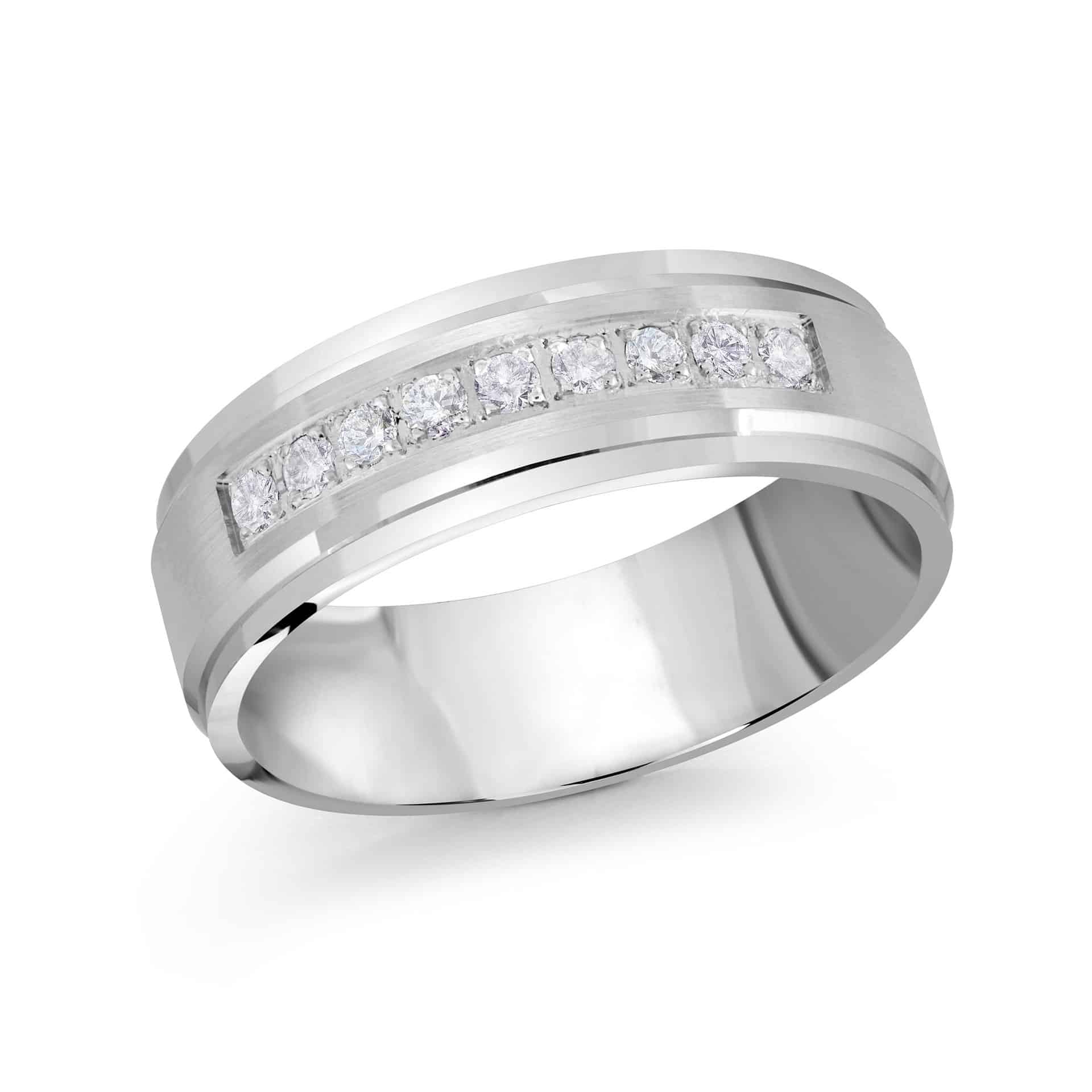 A close-up view of a wide 7mm 14kt White Gold men's wedding band, featuring nine sparkling lab-grown diamonds with a 0.18 CTW, an ideal choice for men's lab grown diamond rings for sale.