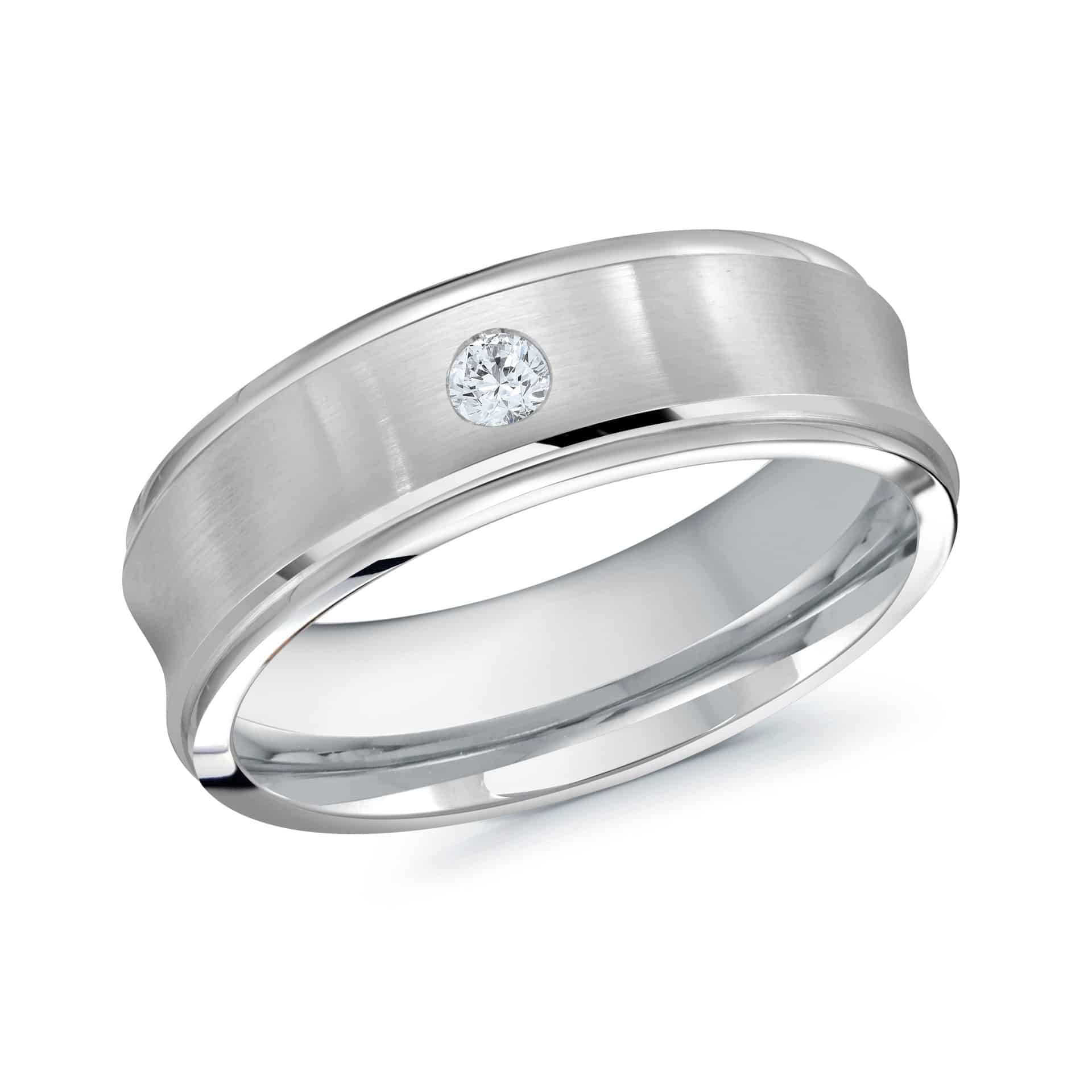 7mm Single-Stone 0.08 CTW Men's Lab Grown Diamond Rings for Sale | E-F:VS2 Gold Band A close-up image of a 7mm wide men's wedding ring in 14kt White Gold, featuring a satin finish, concave center, and a single 0.08 CTW lab-grown diamond. This is a premium option among men's lab grown diamond rings for sale.