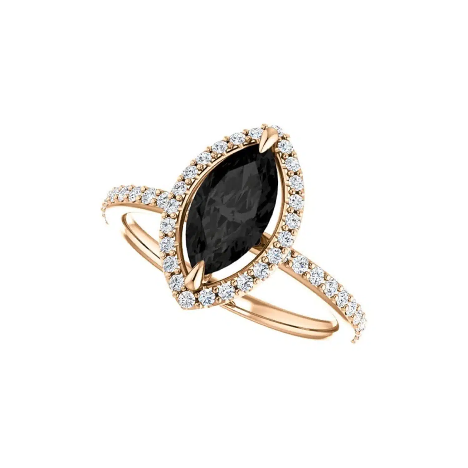 A-close-up-view-of-a-marquise-cut-diamond-ring,-highlighting-the-10x5-MM-black-onyx-center-stone-and-prong-setting A close-up view of a marquise cut diamond ring, highlighting the 10x5 MM black onyx center stone and prong setting.