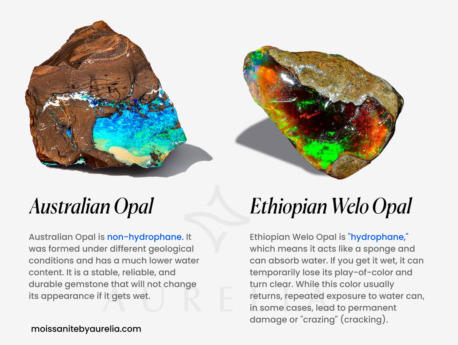 Comparison image of Australian Opal (non-hydrophane) and Ethiopian Welo Opal (hydrophane). The text explains that Australian Opal is stable and won't change color when wet, while Ethiopian Welo Opal can temporarily lose its color by absorbing water, and repeated exposure risks permanent damage or cracking.
