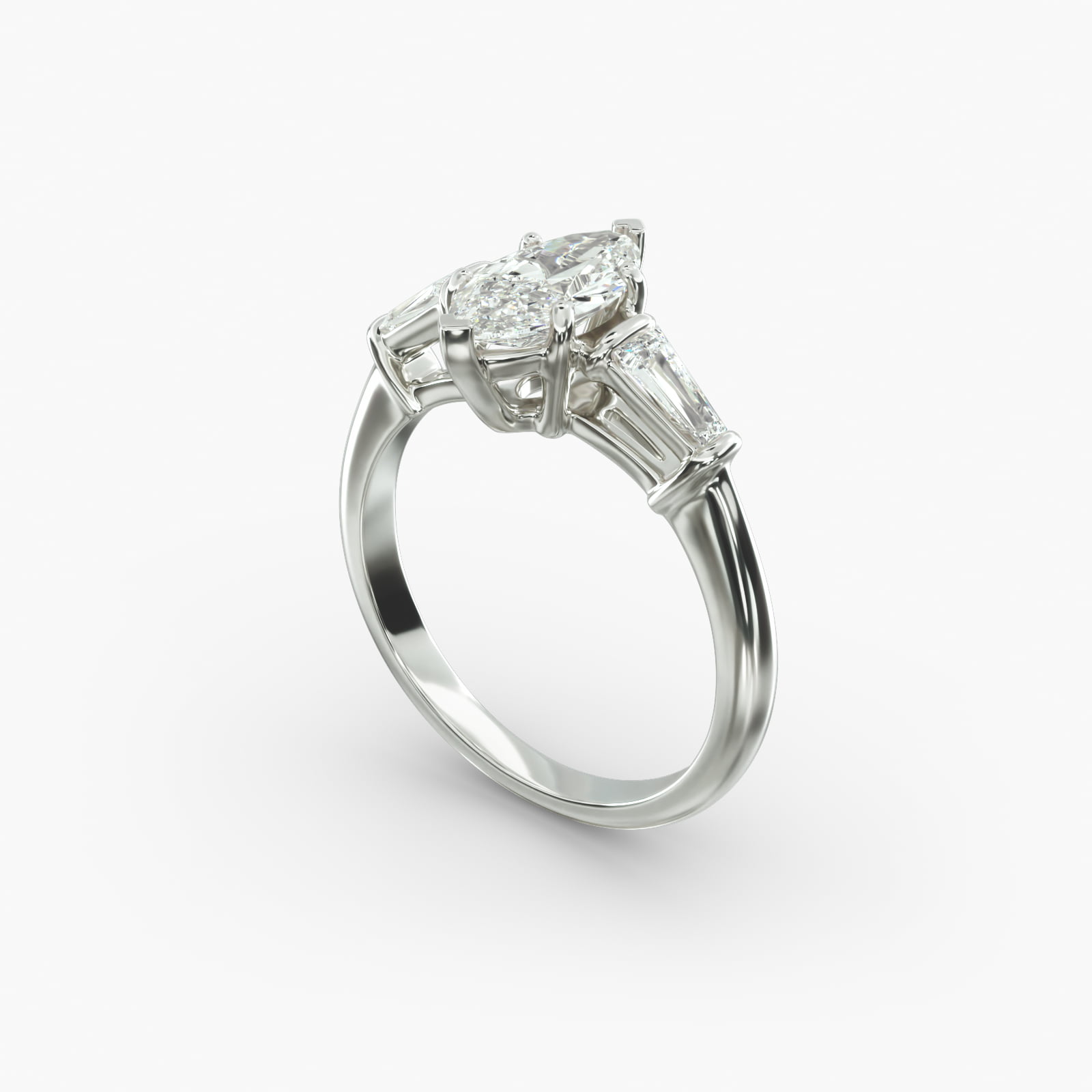 A close-up studio shot of a marquise cut diamond ring, highlighting the straight lines of the tapered baguette side stones against the center diamond.