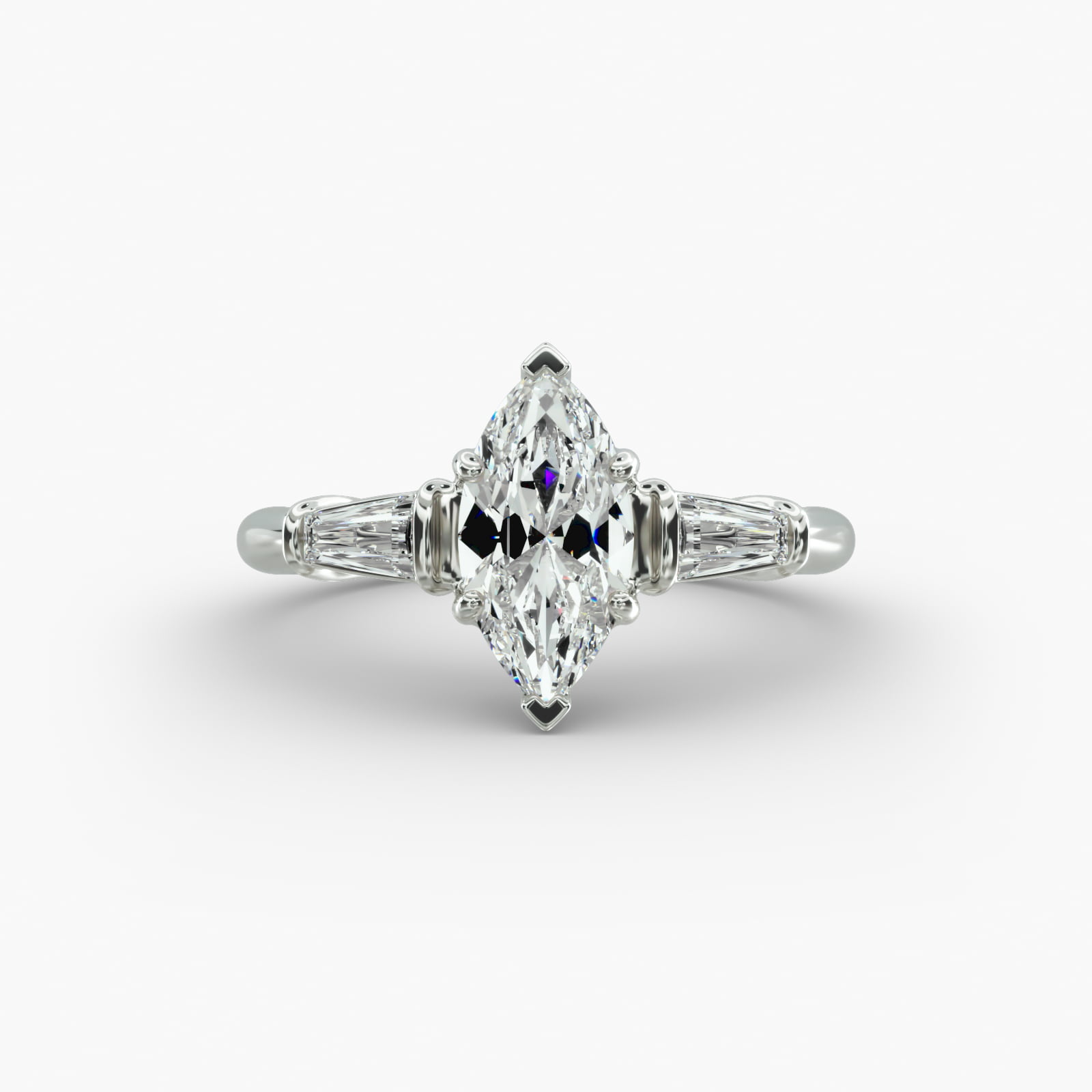 A close-up studio shot of a marquise cut diamond ring, highlighting the straight lines of the tapered baguette side stones against the center diamond.