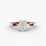 A close-up view of a rectangular radiant cut diamond solitaire, highlighting the warm rose gold band and large 7.00 ct. stone.