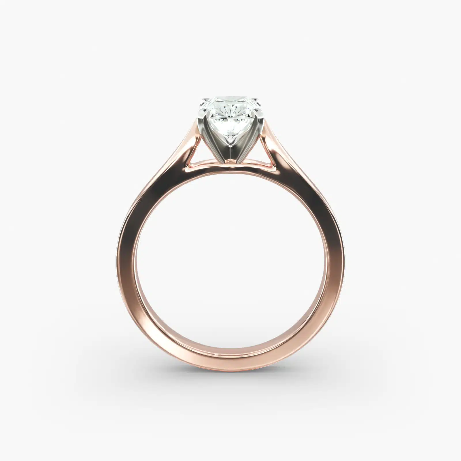 A close-up view of a rectangular radiant cut diamond solitaire, highlighting the warm rose gold band and large 7.00 ct. stone.