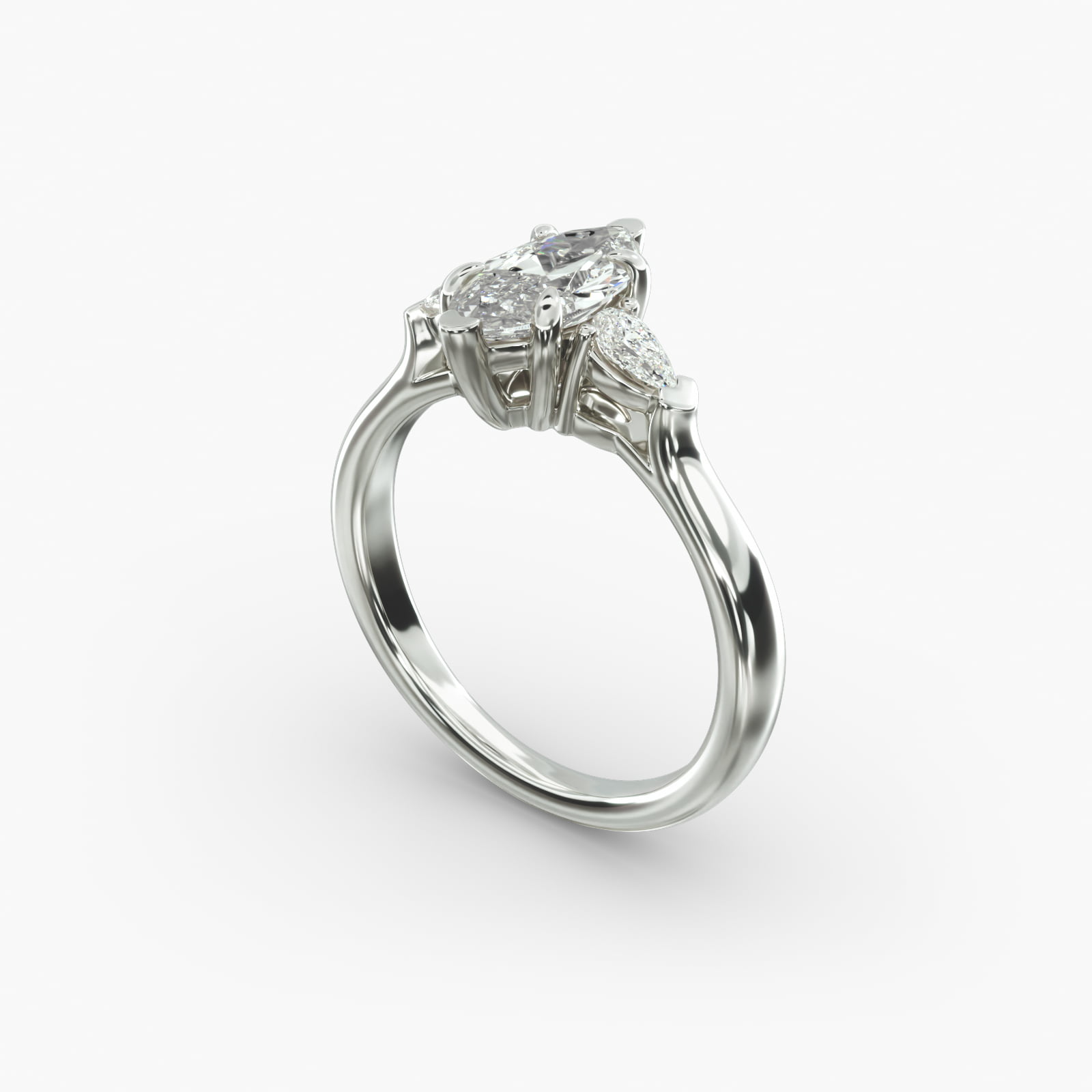 A close-up view of a marquise diamond ring with pear-shaped accents, highlighting the elongated 2.21 ratio and IF clarity.