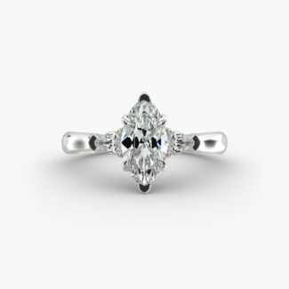 A close-up view of a marquise diamond ring with pear-shaped accents, highlighting the elongated 2.21 ratio and IF clarity.