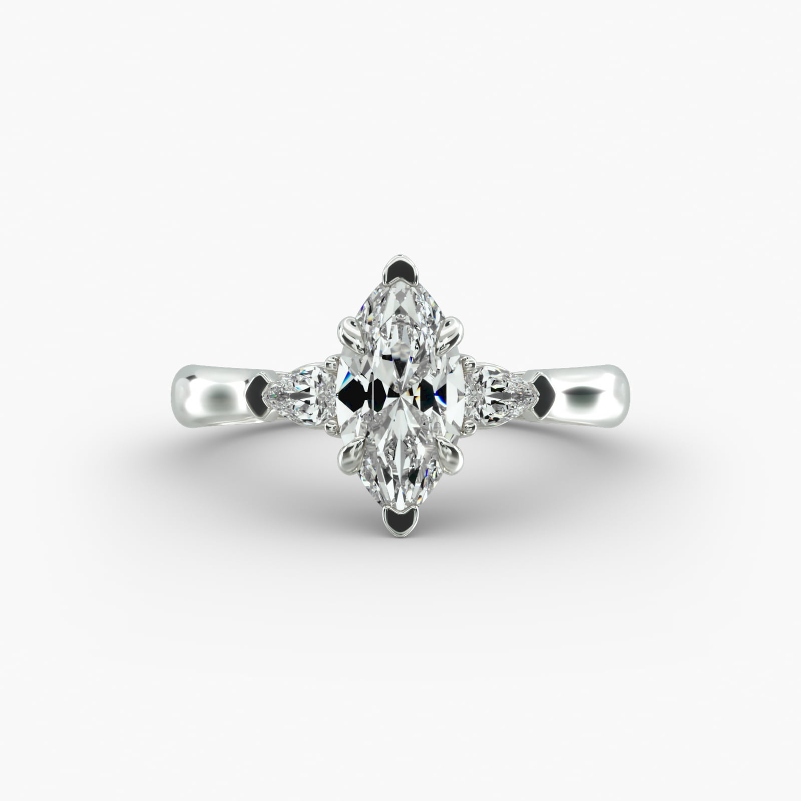 A close-up view of a marquise diamond ring with pear-shaped accents, highlighting the elongated 2.21 ratio and IF clarity.