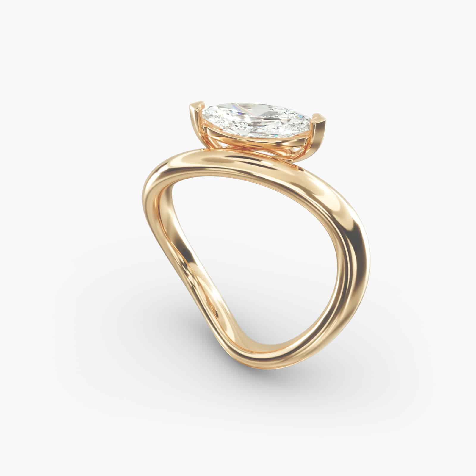 F-VS2 7.00 Ct. Marquise Solitaire Diamond Engagement Ring | Lab-Grown Yellow Gold 2 A close-up view of the marquise shaped diamond with prominent claw prongs on the Sculptural Waves yellow gold band.