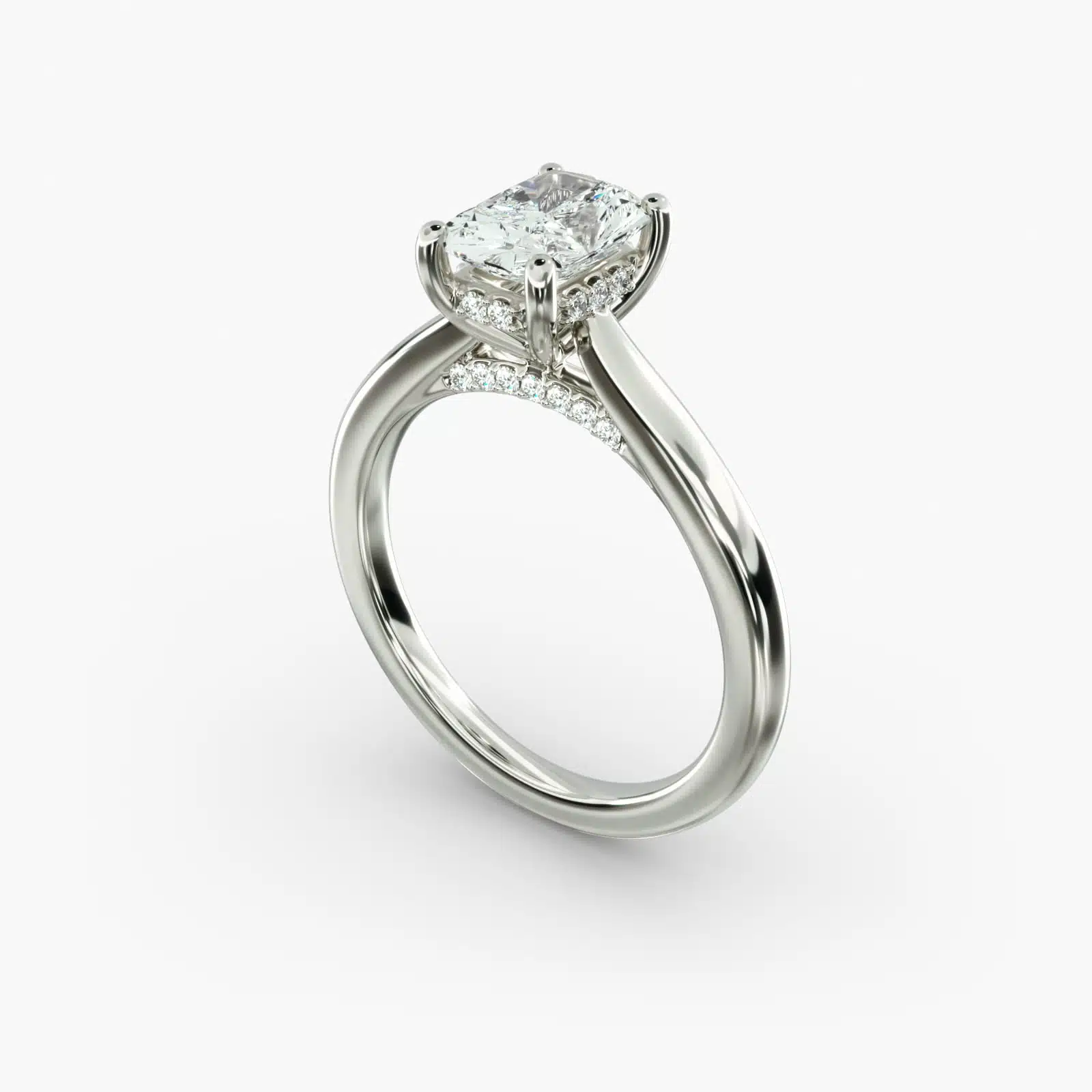 G-VS2 6 Carat Radiant Cut Diamond Ring | Lab-Grown Hidden Halo in 14k White Gold side view A close-up side view of a 6 ct radiant cut diamond ring, showcasing the delicate 1.60mm band and the hidden halo accent diamonds.