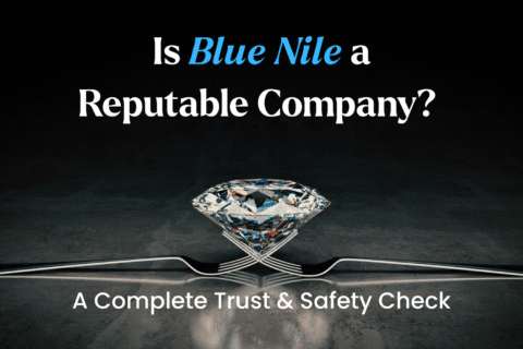 A striking image for an article asking, "Is Blue Nile a Reputable Company?" featuring a clear diamond centerpiece and the subtitle "A Complete Trust & Safety Check."