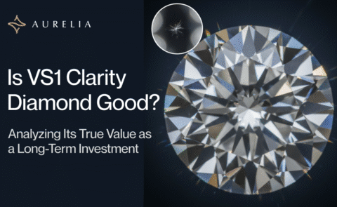 A sparkling round brilliant diamond with a subtly magnified view in the corner revealing a tiny, almost invisible VS1 feather inclusion, set against a dark, moody background to emphasize brilliance and the "eye-clean" nature.