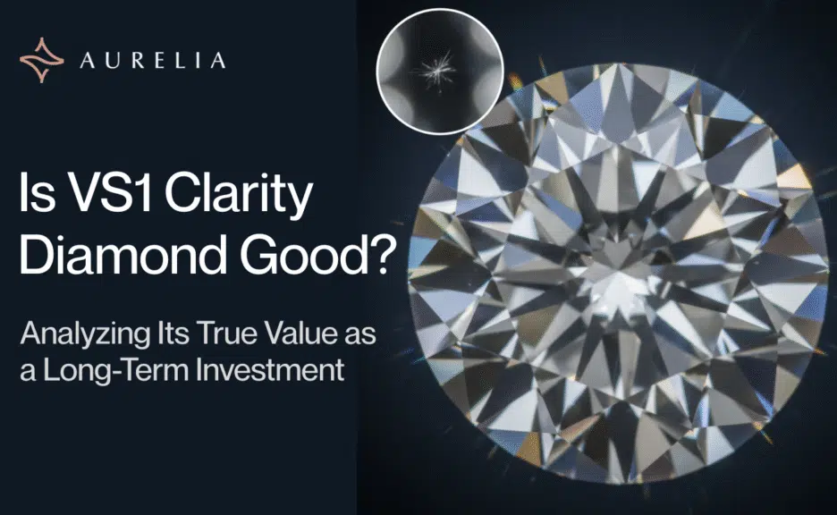 A sparkling round brilliant diamond with a subtly magnified view in the corner revealing a tiny, almost invisible VS1 feather inclusion, set against a dark, moody background to emphasize brilliance and the "eye-clean" nature.