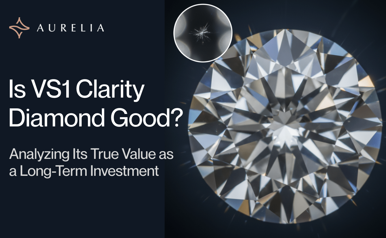 A sparkling round brilliant diamond with a subtly magnified view in the corner revealing a tiny, almost invisible VS1 feather inclusion, set against a dark, moody background to emphasize brilliance and the "eye-clean" nature.