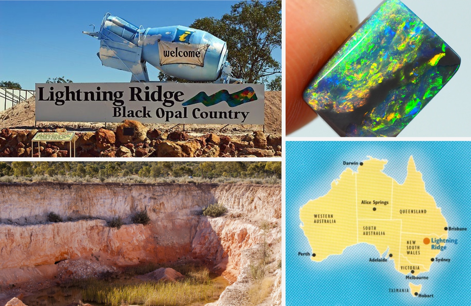 A collage showing the origin of Black Opal: a welcome sign for Lightning Ridge, Australia; a map showing the location in New South Wales; an open-cut opal mine; and a close-up of a brilliant, finished Lightning Ridge Black Opal gemstone.
