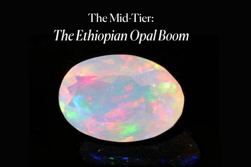 A dazzling oval-cut Ethiopian Welo Opal gemstone showing bright red and green play-of-color on a black background. The image is titled 'The Mid-Tier: The Ethiopian Opal Boom'.