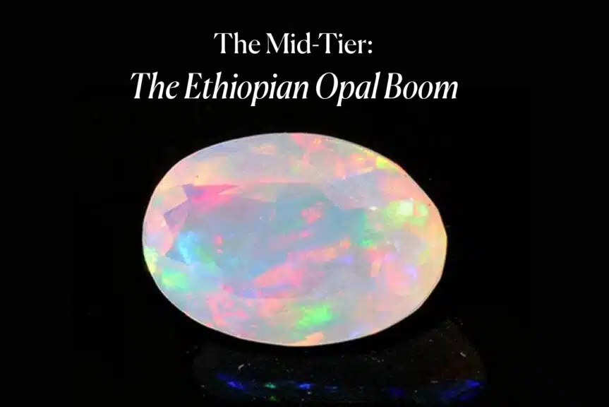 A dazzling oval-cut Ethiopian Welo Opal gemstone showing bright red and green play-of-color on a black background. The image is titled 'The Mid-Tier: The Ethiopian Opal Boom'.