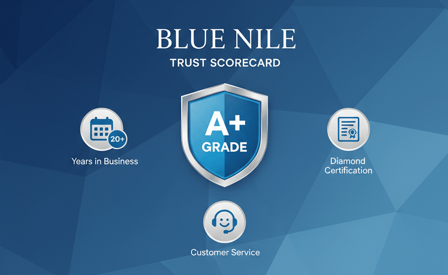 A clean, modern graphic design of a "Trust Scorecard" for a jewelry company named Blue Nile. Feature a large, central checkmark shield icon with an "A+" grade. Surround it with smaller icons representing a calendar (for "Years in Business"), a certificate (for "Diamond Certification"), and a headset (for "Customer Service").