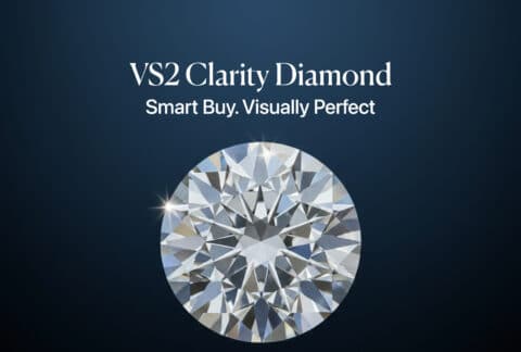 Feature image: Close-up of a sparkling, eye-clean round brilliant diamond with 'VS2 Clarity: Smart Buy. Visually Perfect.' text overlay, emphasizing high value.