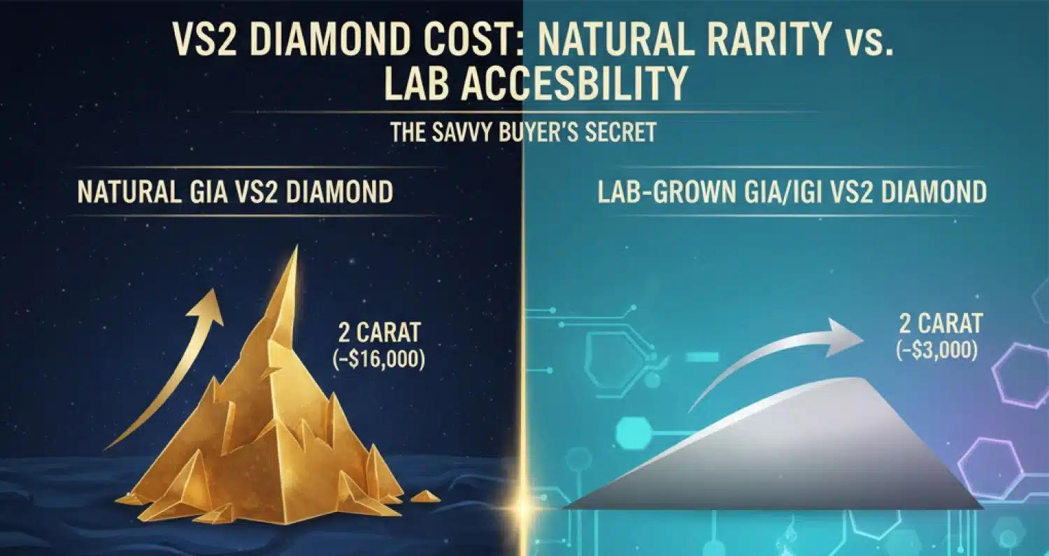 Infographic comparing VS2 diamond cost: Natural VS2 diamonds show exponential price increase (steep pyramid, $16,000 for 2 carat), while Lab-Grown VS2 diamonds show accessible cost (gentle hill, $3,000 for 2 carat)