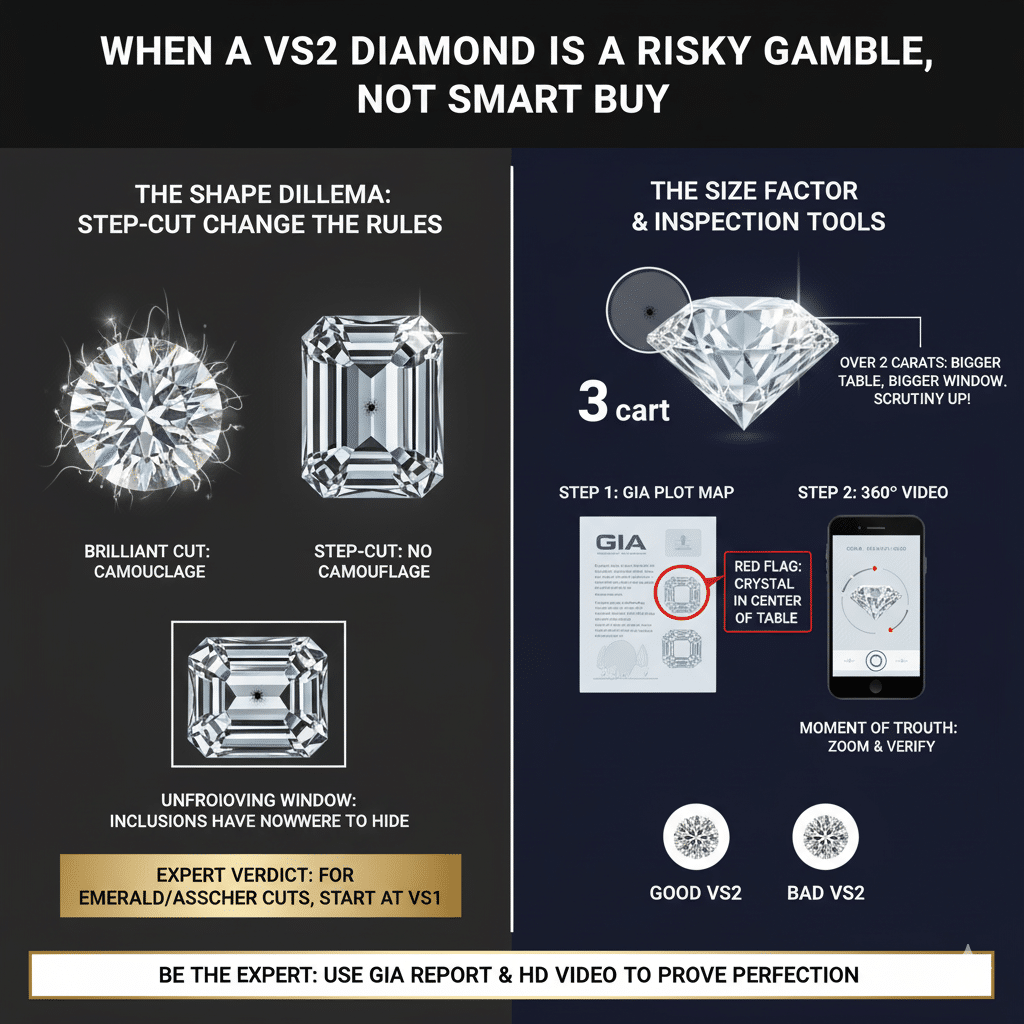 Infographic detailing when a VS2 diamond is a risky buy: Comparing Brilliant Cut camouflage to unforgiving Step-Cut windows, and showing the 2-step inspection (GIA Plot and 360° Video) required for large diamonds over 2 carats.